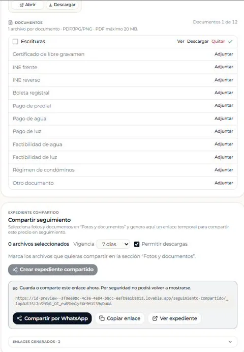 Expediente de seguimiento en Lantivo: documentos por categoría, vigencia, permitir descargas y compartir por WhatsApp